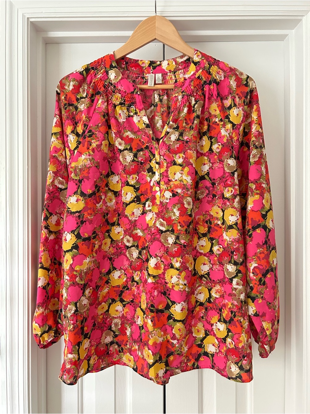 Madison Pink Multi Floral Smocked-Neck Blouse